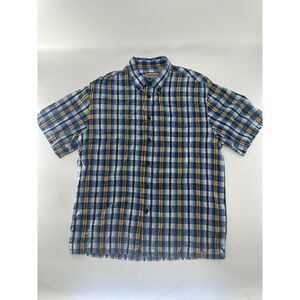 RuffHewn Men's Large Plaid Shirt Short Sleeve Button Down Blue Yellow Cotton